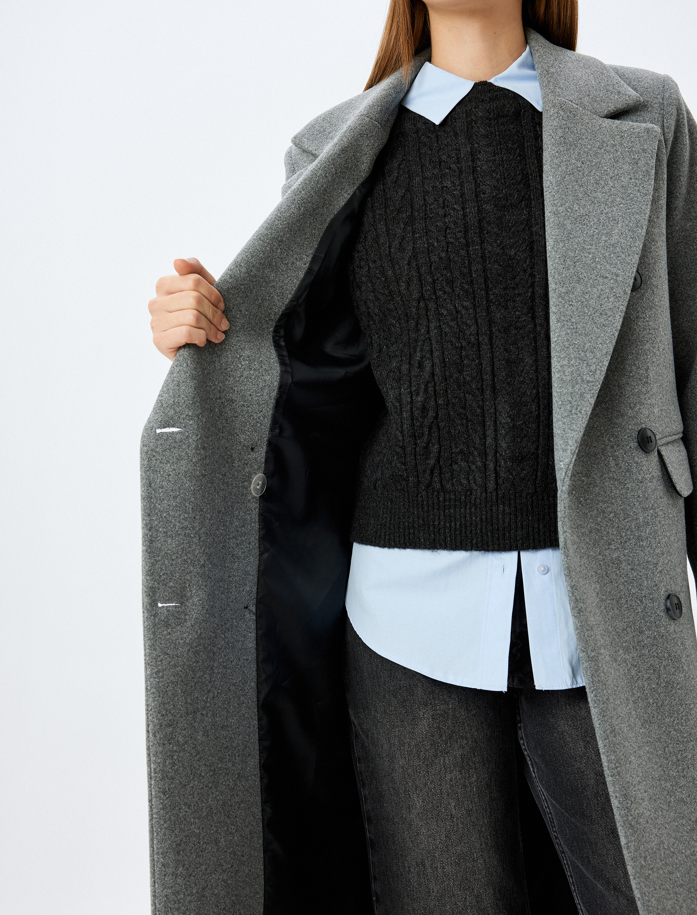   Cepli Düğmeli Kruvaze Uzun Kaşe Kaban