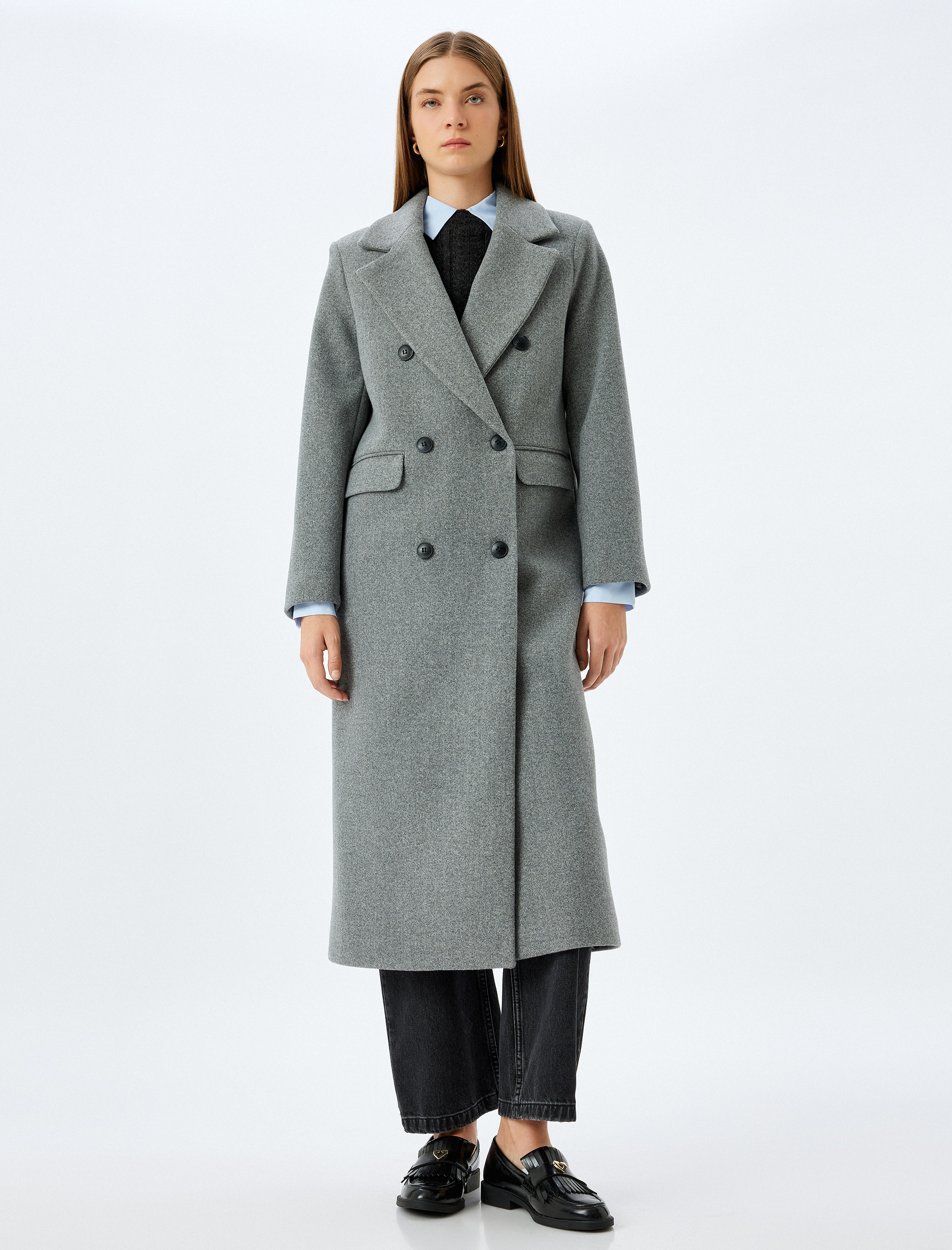   Cepli Düğmeli Kruvaze Uzun Kaşe Kaban