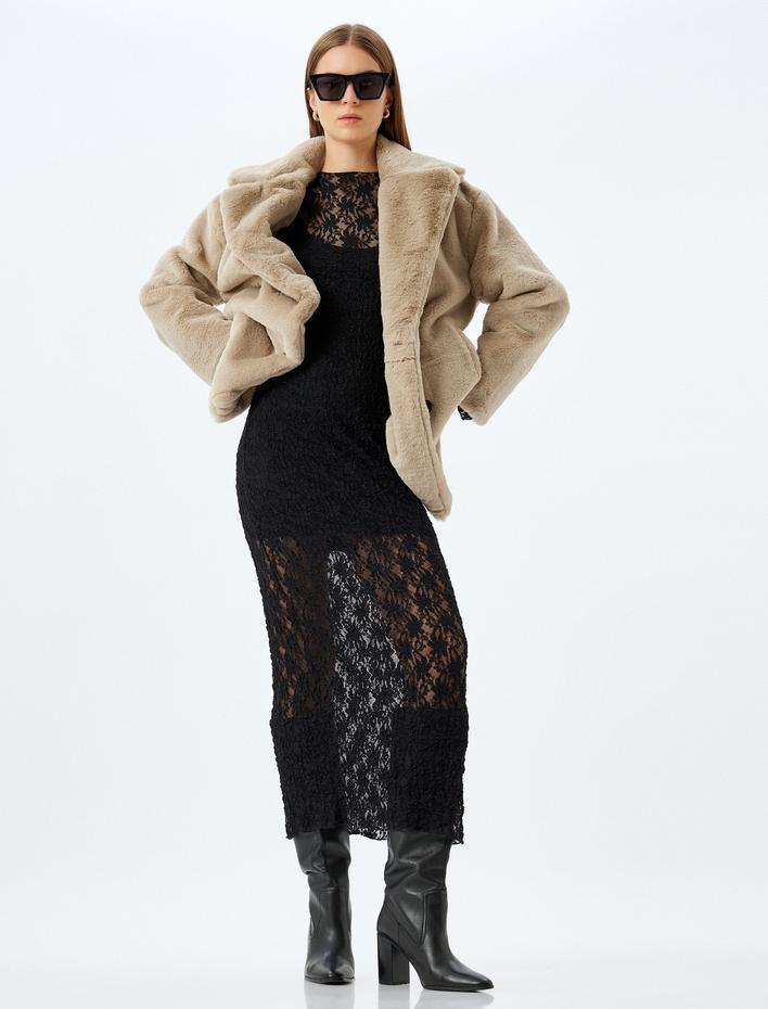  Düğmeli Cepli Kruvaze Peluş Kaban