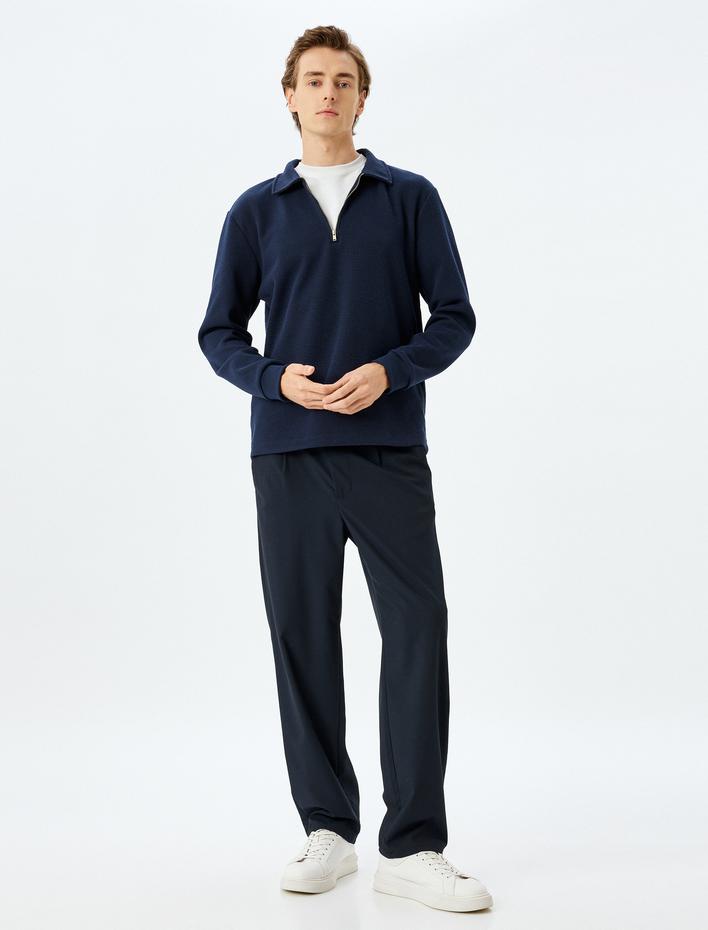  Polo Yaka Sweatshirt Yarım Fermuarlı Basic Uzun Kollu Pamuk Karışımlı