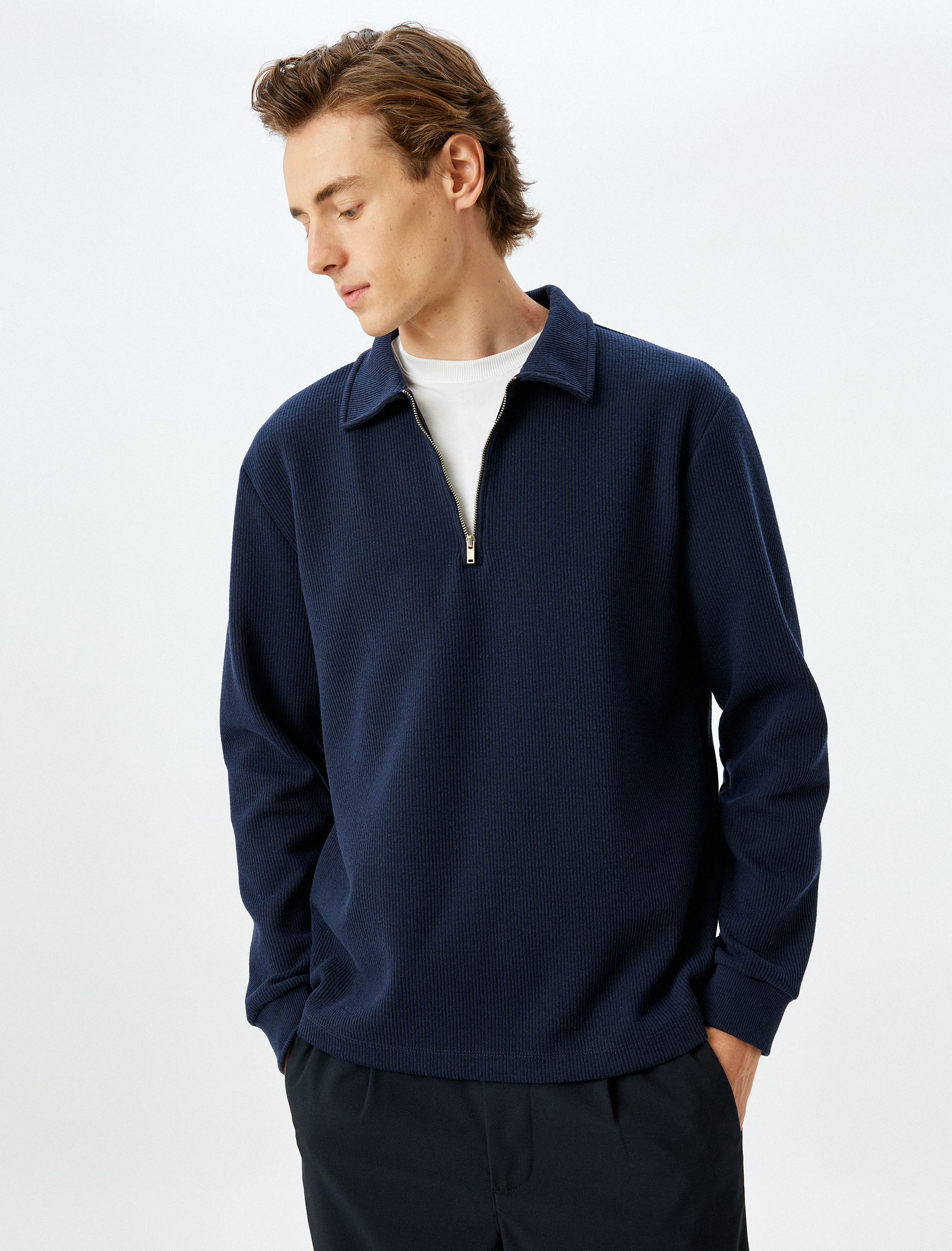   Polo Yaka Sweatshirt Yarım Fermuarlı Basic Uzun Kollu Pamuk Karışımlı