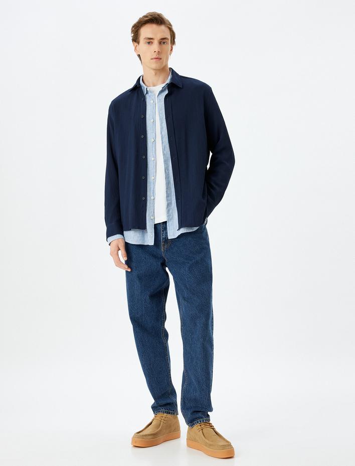  Viskon Pamuk Karışımlı Regular Fit Dokulu Uzun Kollu Gömlek