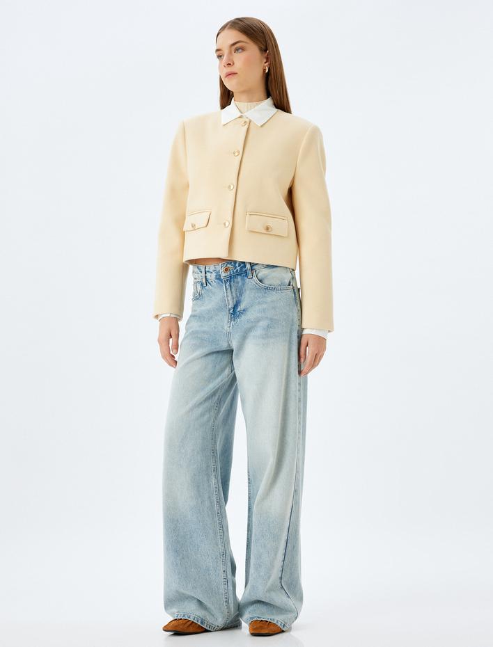  Yakasız Cep Detaylı Slim Fit Crop Ceket