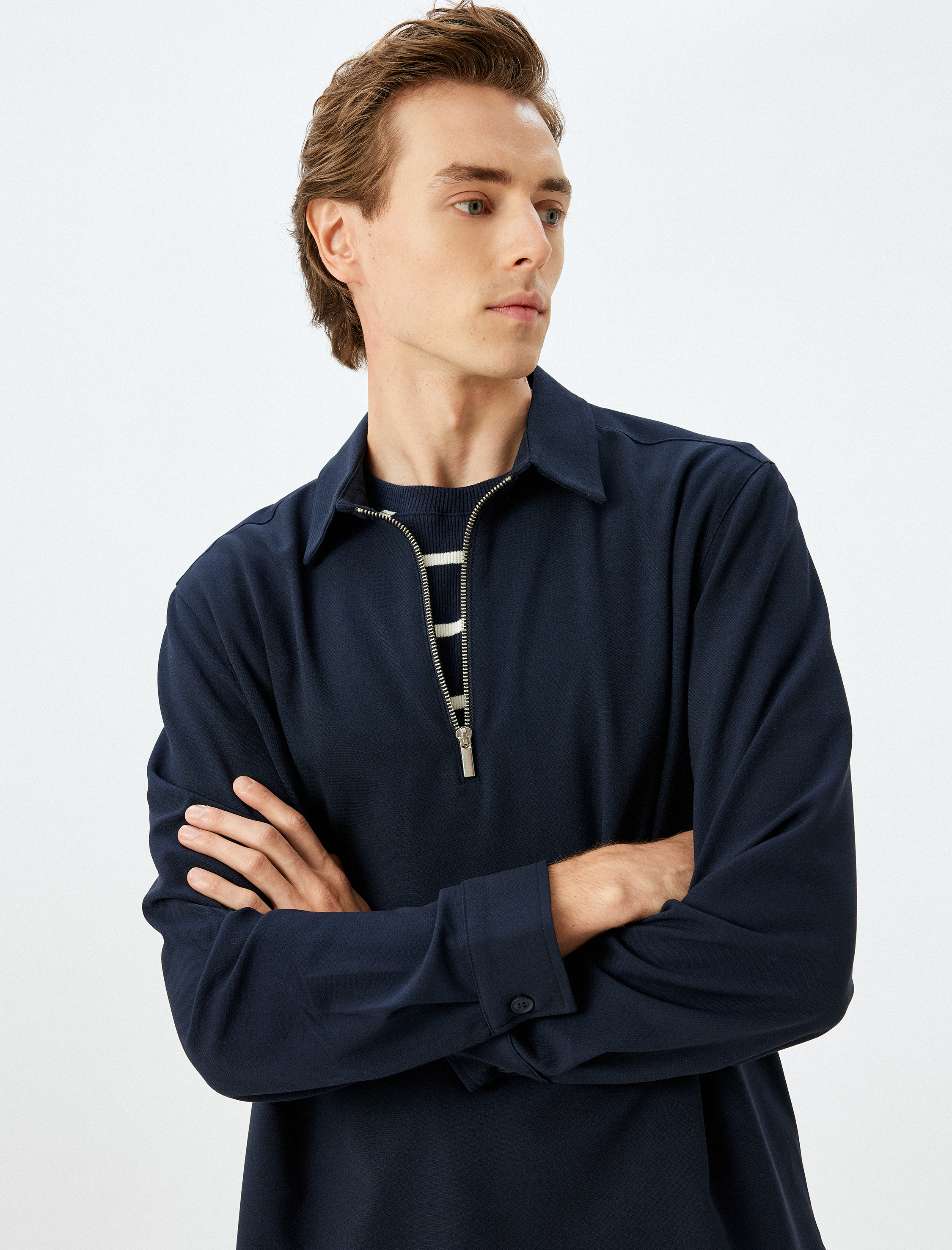   Yarım Fermuarlı Gömlek Uzun Kollu Viskon Karışımlı Regular Fit