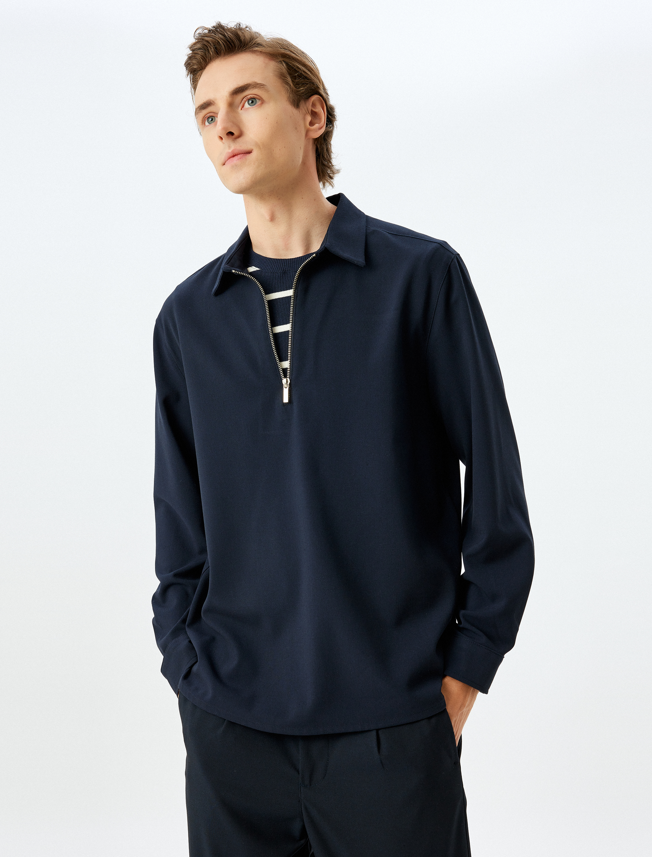   Yarım Fermuarlı Gömlek Uzun Kollu Viskon Karışımlı Regular Fit