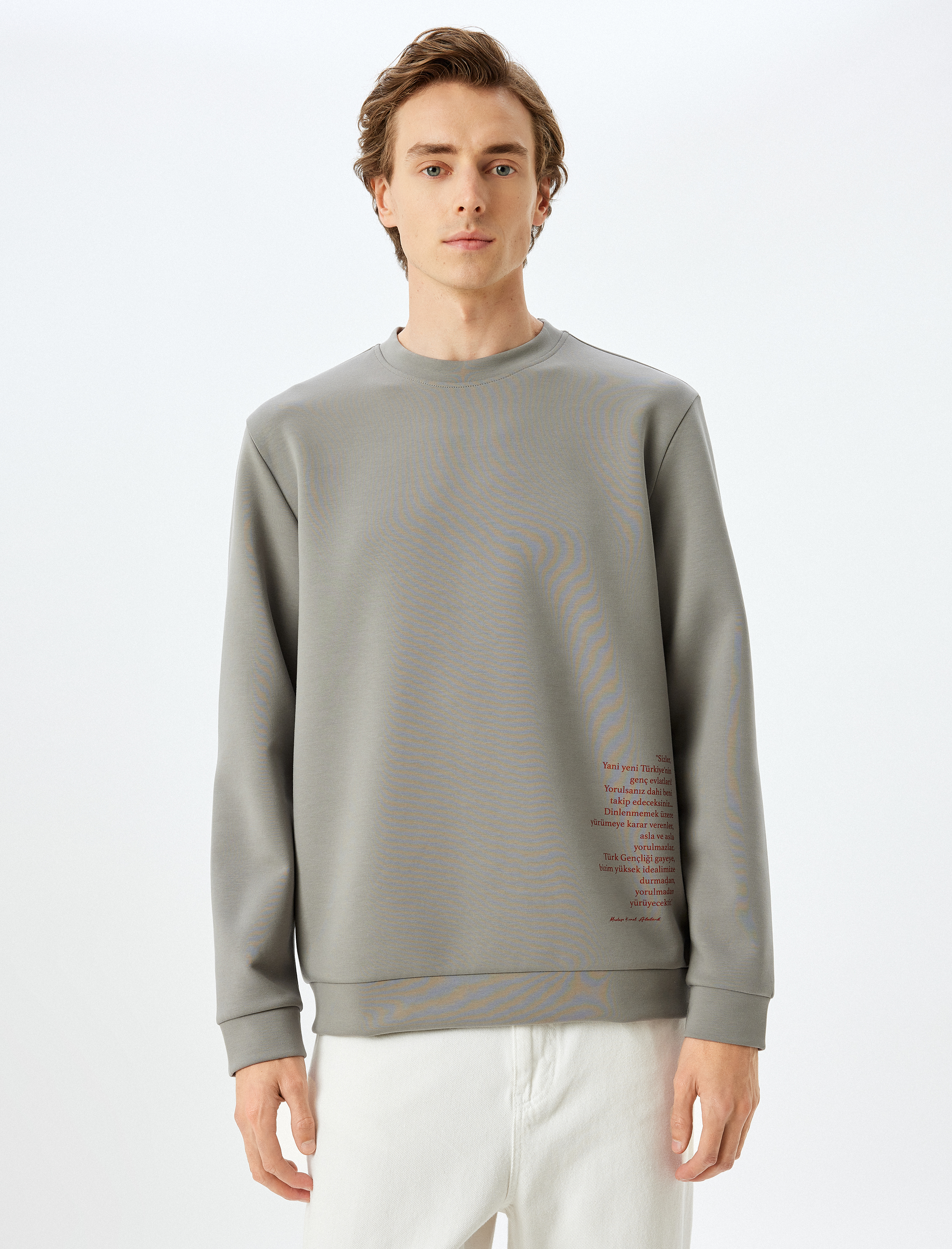 Bisiklet Yaka Pamuk Karışımlı Atatürk Baskılı Sweatshirt