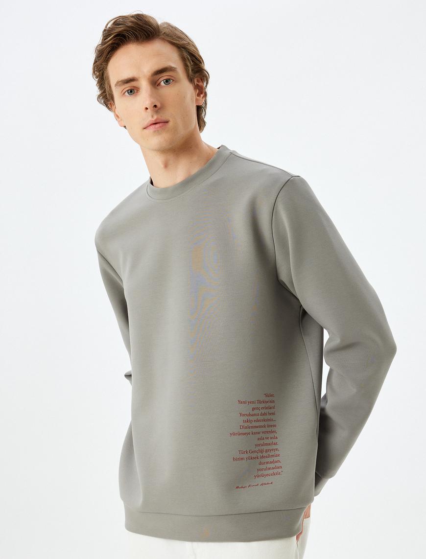   Bisiklet Yaka Pamuk Karışımlı Atatürk Baskılı Sweatshirt