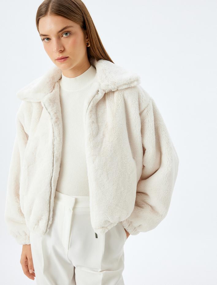  Fermuarlı Crop Oversize Bomber Peluş Ceket