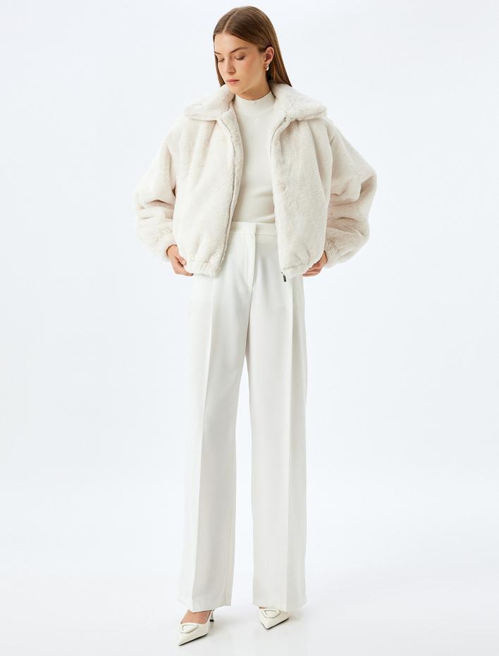 Fermuarlı Crop Oversize Bomber Peluş Ceket