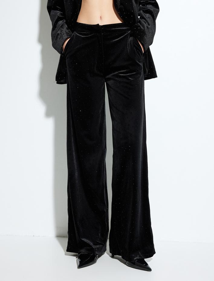 Cepli Bol Paça Taşlı Kadife Pantolon