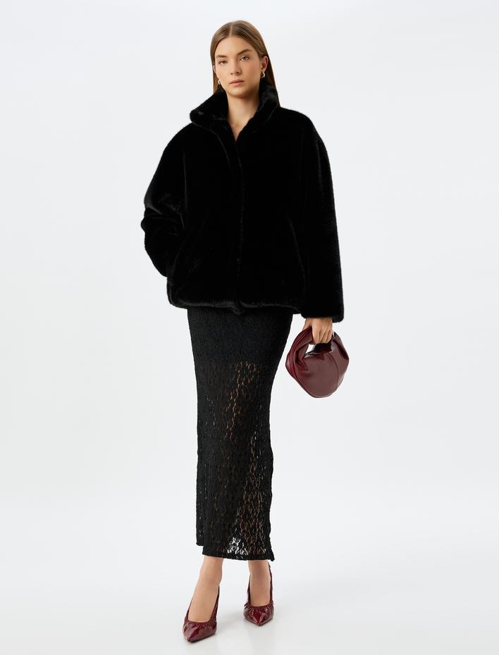  Slim Fit Yarım Astarlı Yırtmaçlı Midi Boy Dantel Etek