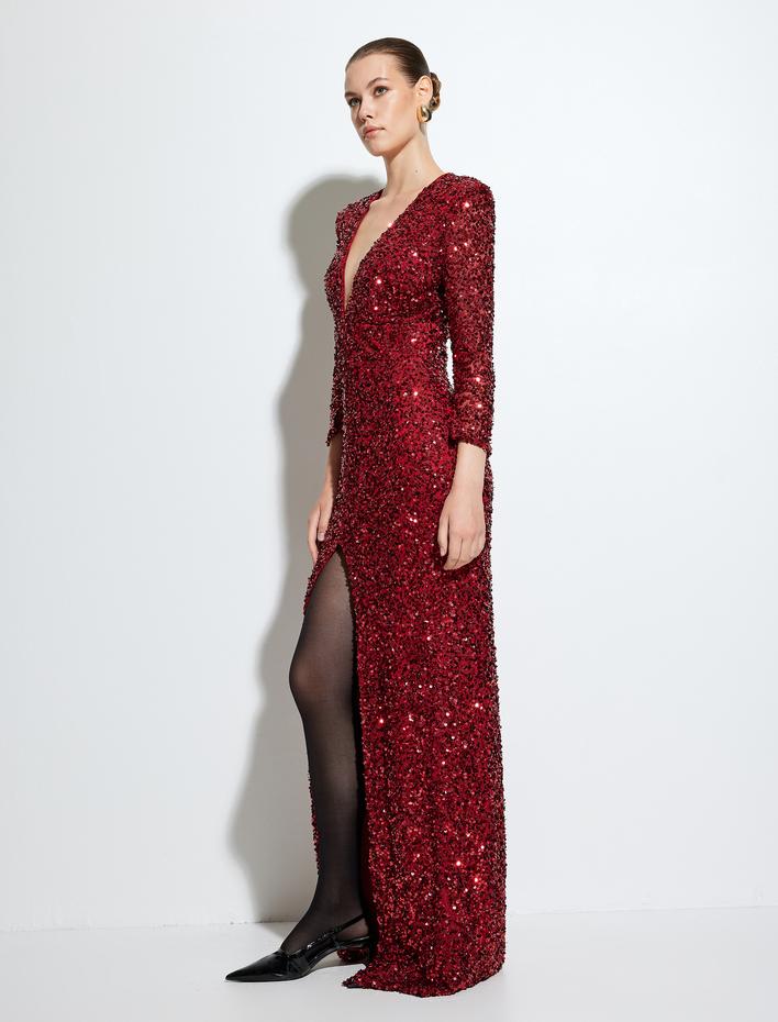  Pullu Payetli Derin V Yaka Uzun Kollu Yırtmaçlı Uzun Abiye Elbise