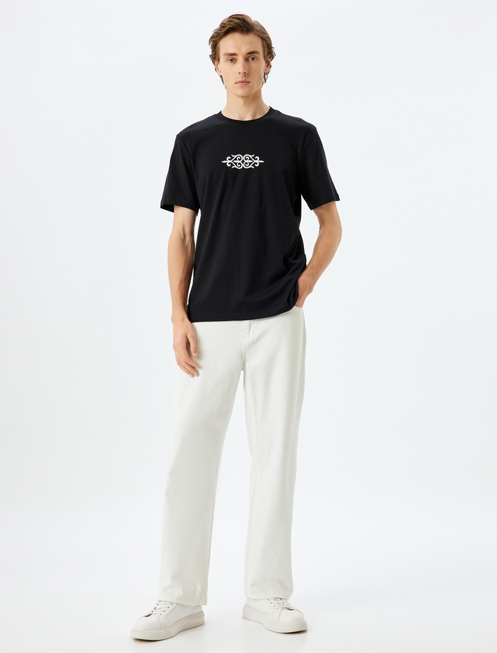  Kısa Kollu Bisiklet Yaka Pamuklu Baskılı Tişört