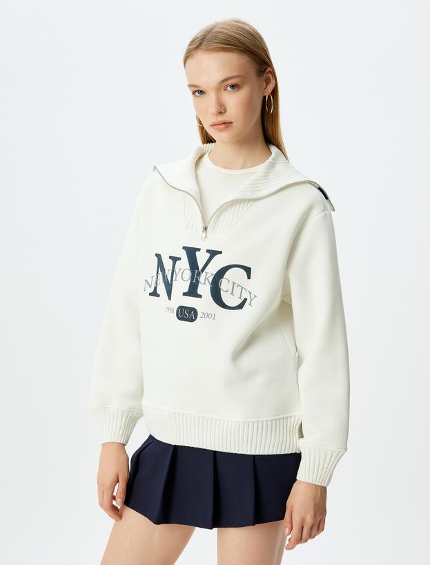 Dik Yaka Yarım Fermuarlı Kolej Baskılı Şardonlu Oversize Sweatshirt_2