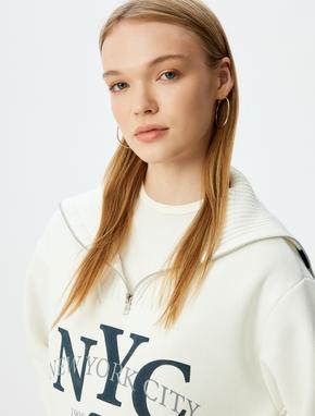 Dik Yaka Yarım Fermuarlı Kolej Baskılı Şardonlu Oversize Sweatshirt