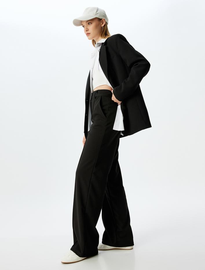  Yüksek Bel Nervürlü Düğmeli Geniş Paça Rahat Kalıp Kumaş Pantolon