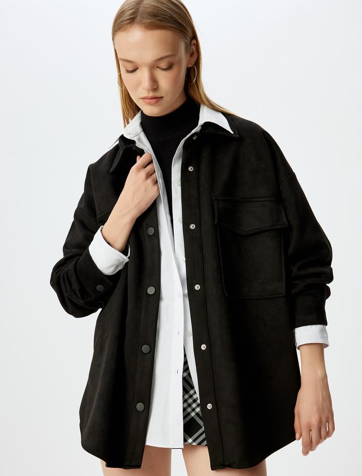  Süet Görünümlü Klasik Yaka Cep Detaylı Düğmeli Oversize Gömlek