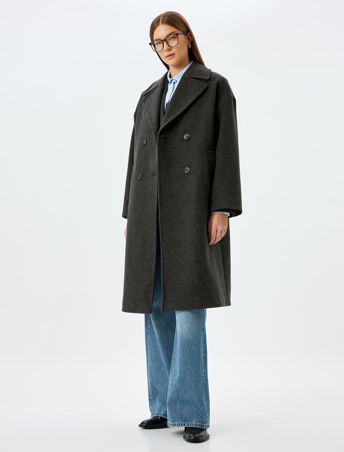  Düğmeli Cepli Uzun Kruvaze Oversize Kaşe Kaban