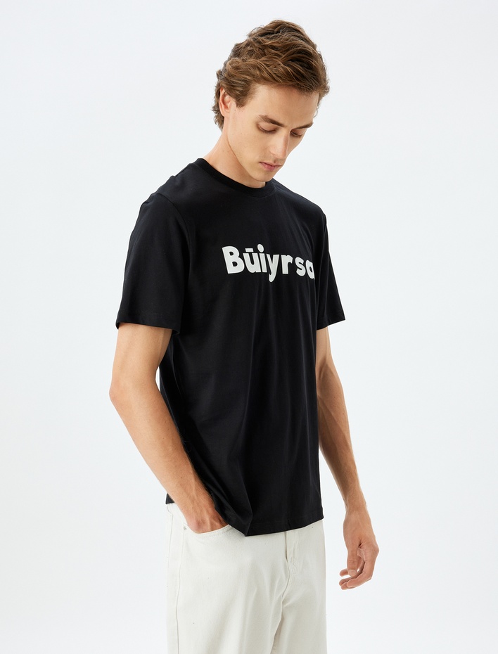  Slogan Baskılı Tişört Bisiklet Yaka Kısa Kollu Pamuklu