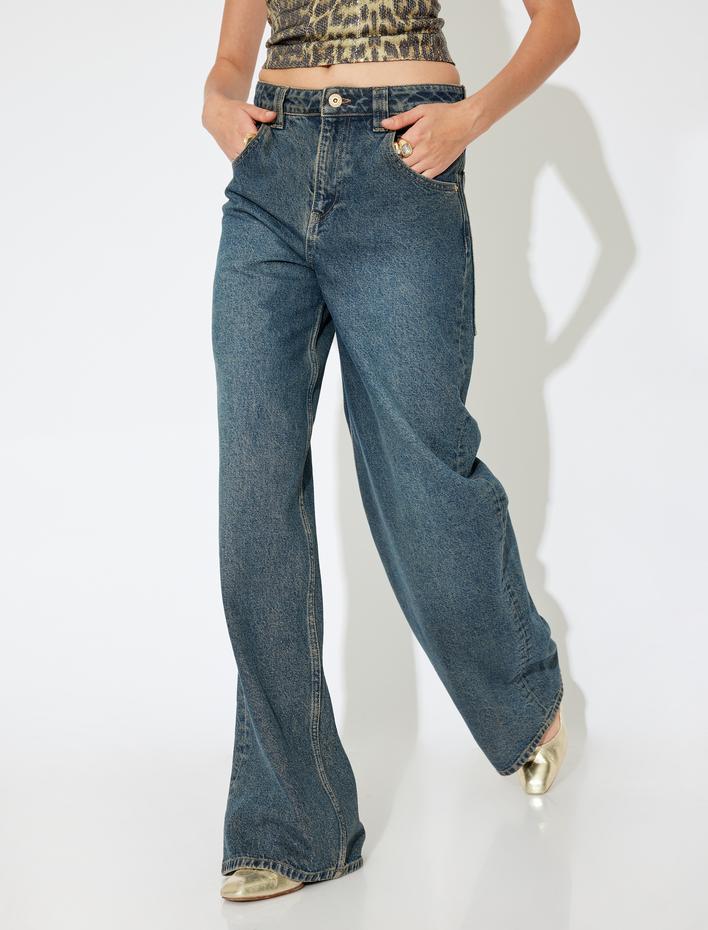  Koton X İnji - Bol Kalıp Düğmeli Normal Bel Cepli Pamuklu Skater Kot Pantolon - Loose Fit Jean