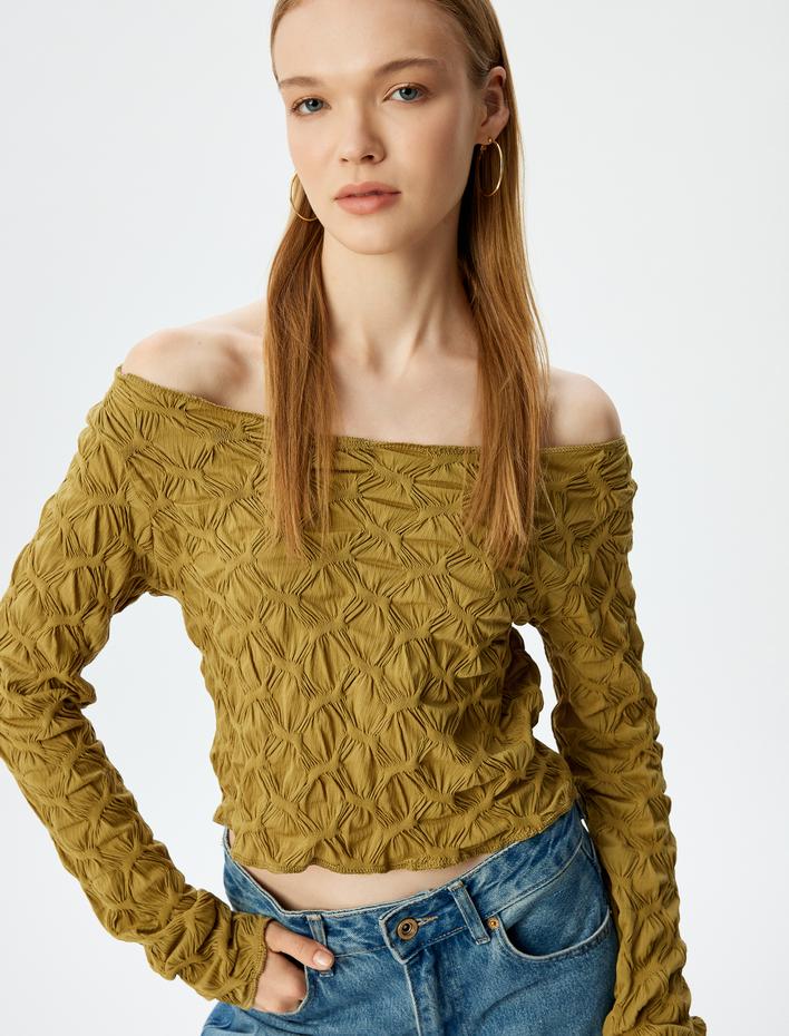  Crop Tişört Uzun Kollu Dokulu Kayık Yaka Bürümcük