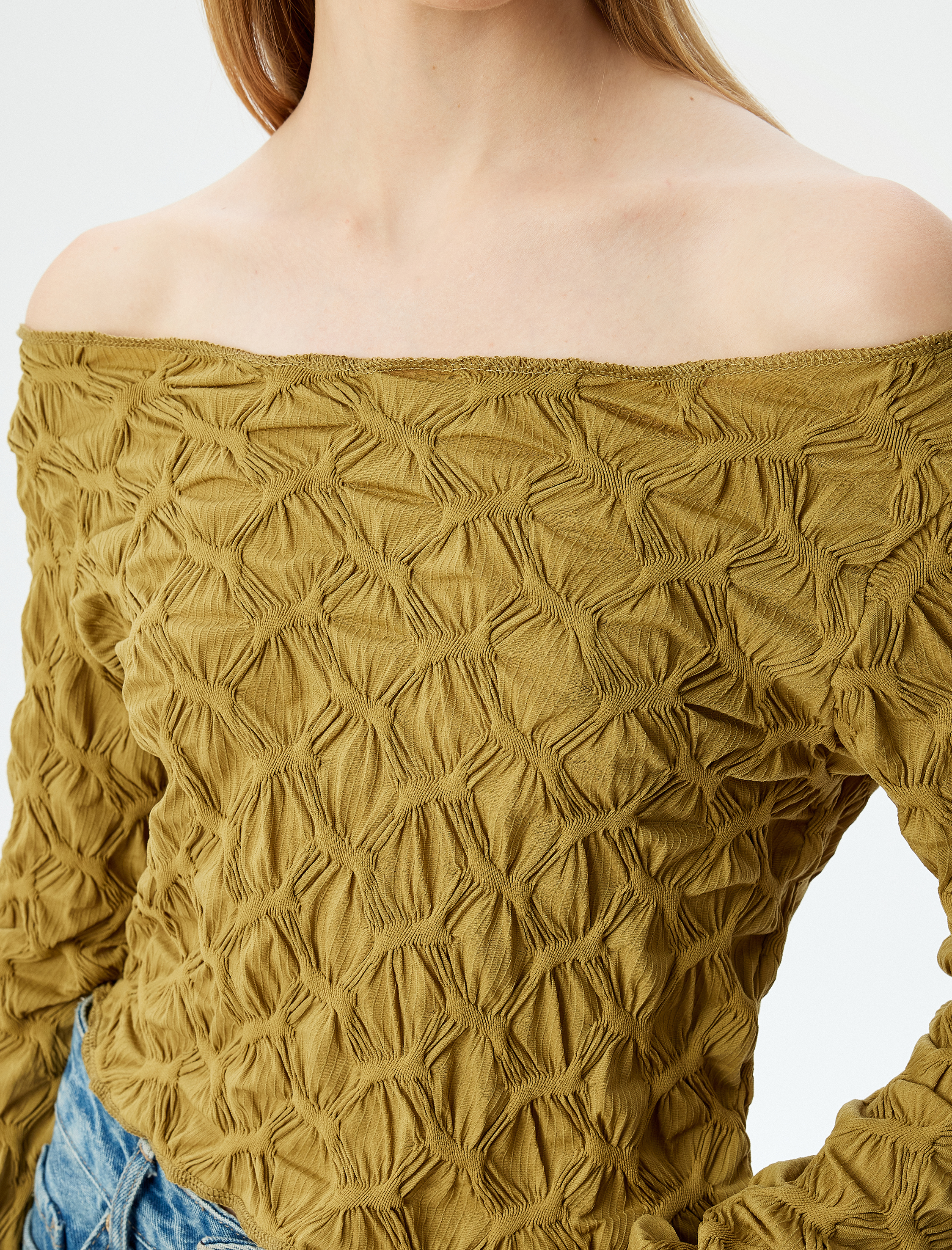   Crop Tişört Uzun Kollu Dokulu Kayık Yaka Bürümcük