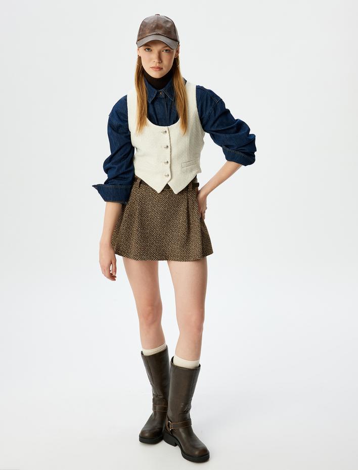  Crop U Yaka Düğmeli Kolsuz Slim Fit Yelek