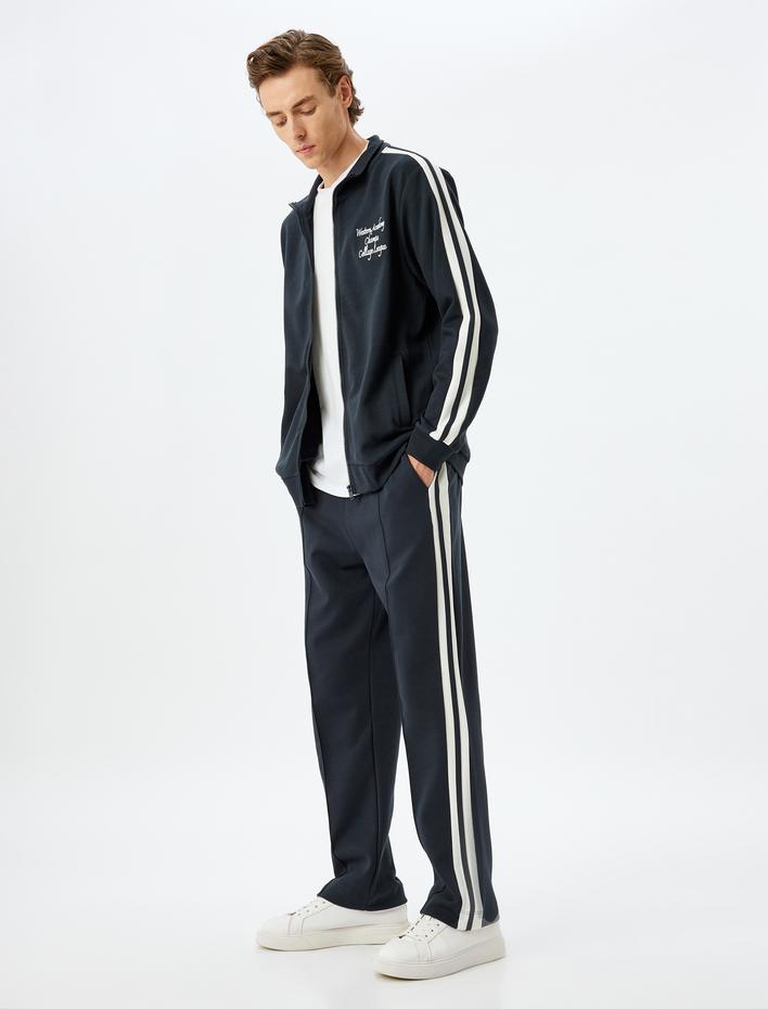  Dik Yaka Kolej İşlemeli Biyeli Pamuklu Fermuarlı Hırka