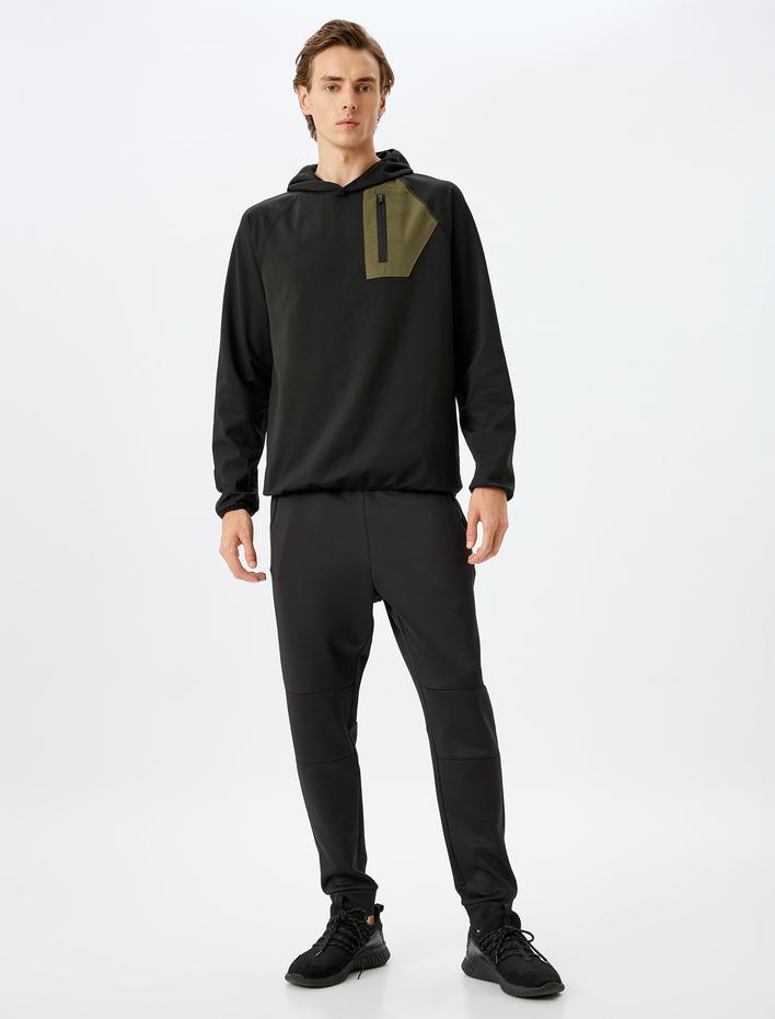  Kapşonlu Fermuar Cep Detaylı Renk Kontrastlı Spor Sweatshirt