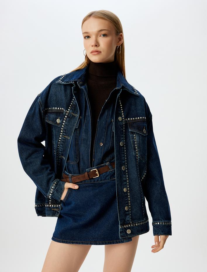  Taşlı Cep Detaylı Klasik Yaka Düğmeli Oversize Kot Ceket