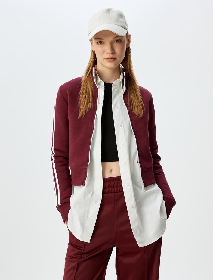  Fermuarlı Crop Sweatshirt Biyeli Dik Yaka Şardonlu