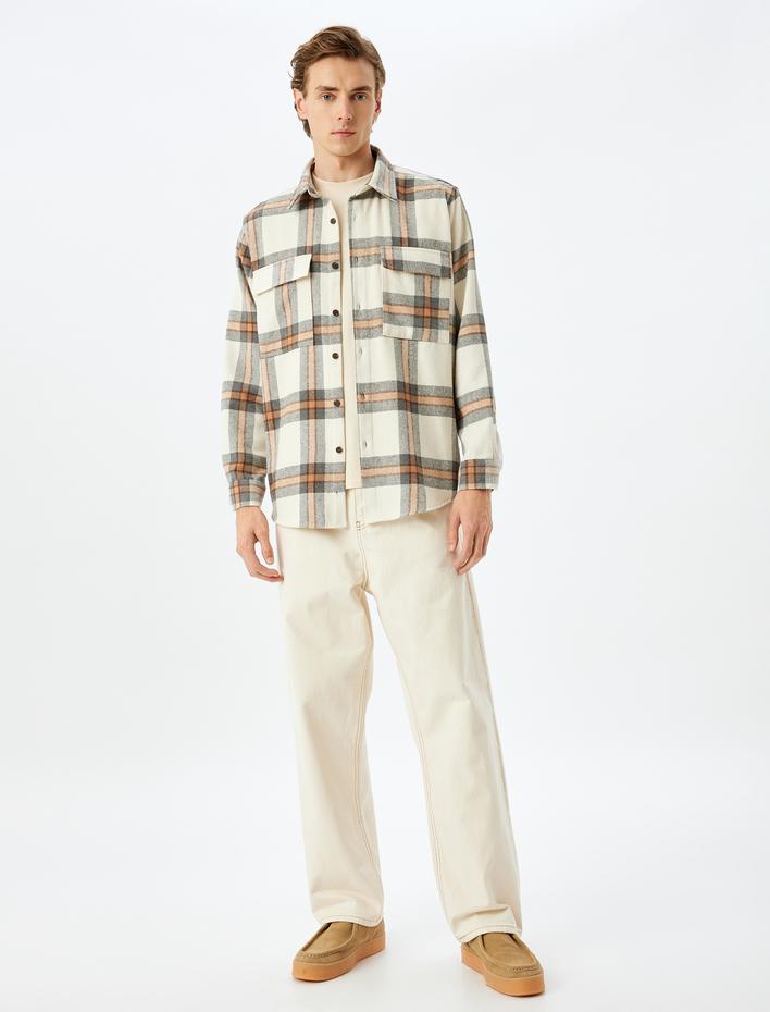  Uzun Kollu Kapaklı Regular Fit Cep Detaylı Kışlık Pamuk Karışımlı Oduncu Gömleği