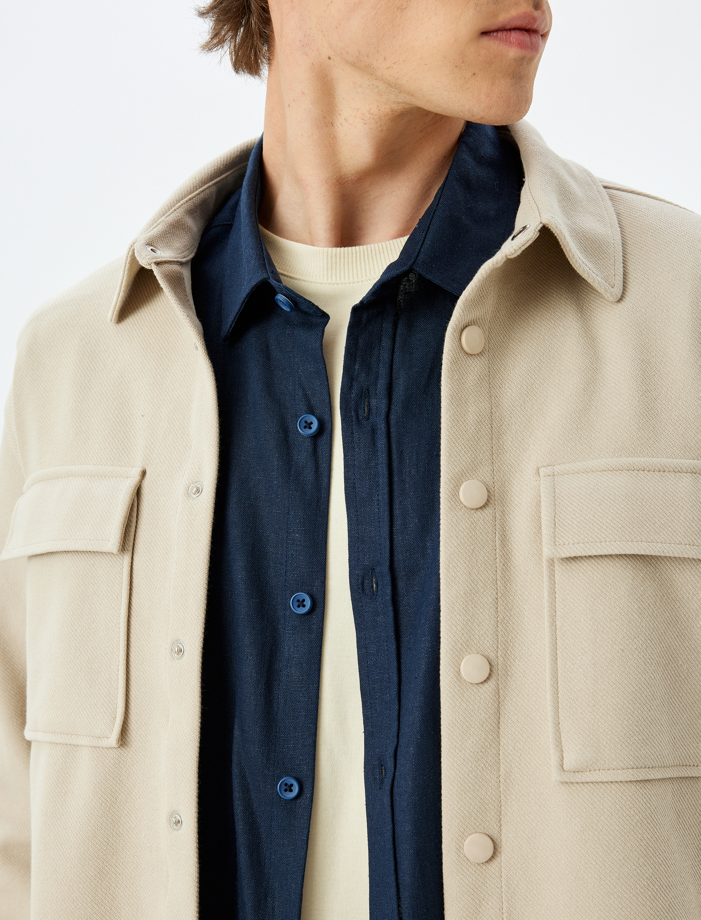   Gömlek Ceket Uzun Kollu Kapaklı Cep Detaylı Pamuk Karışımlı