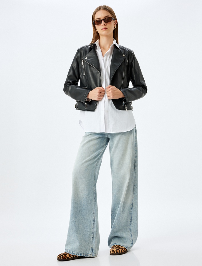  Fermuarlı Cepli Kruvaze Suni Deri Biker Ceket