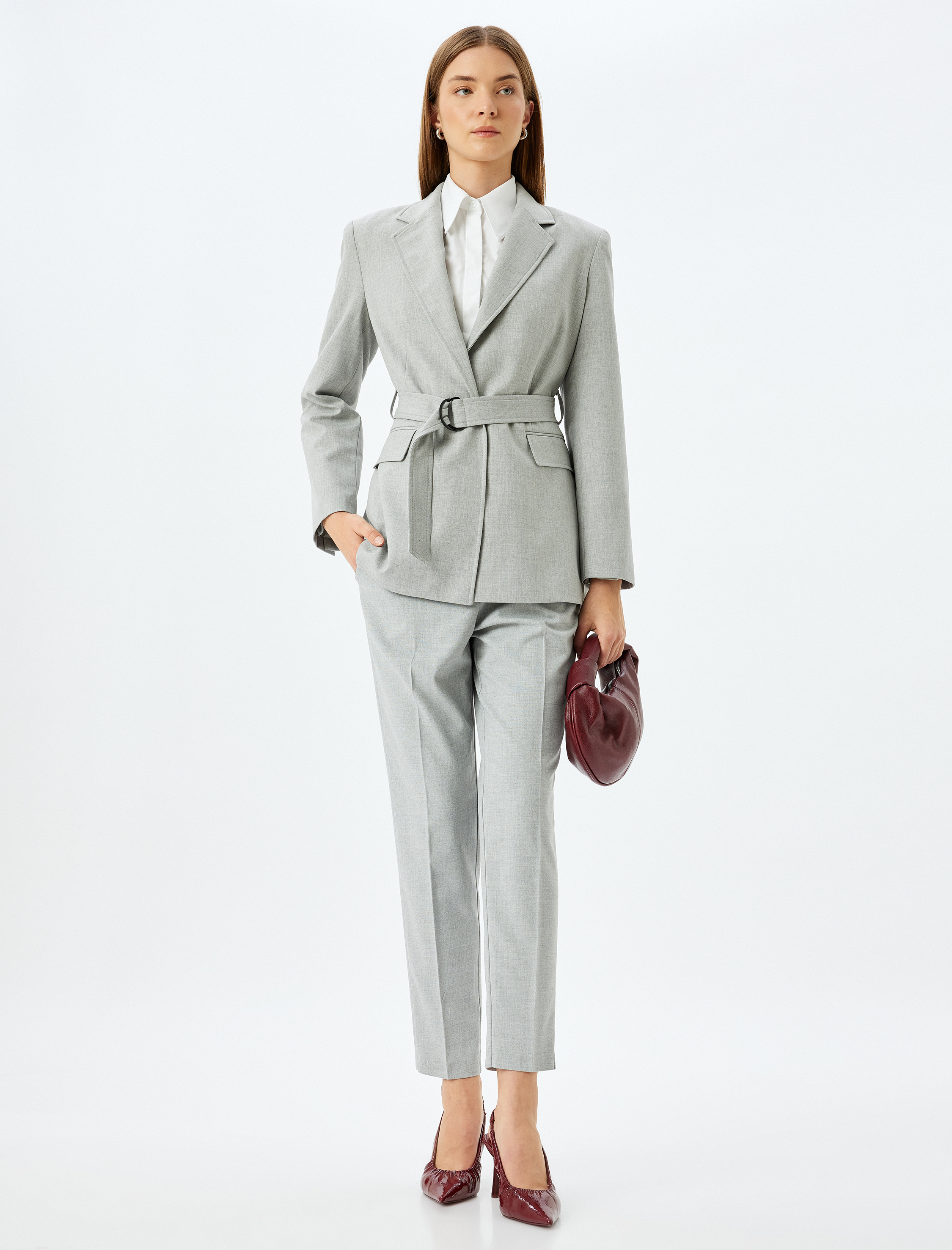   Bel Lastikli Bağlamalı Cepli Yüksek Bel Kumaş Pantolon