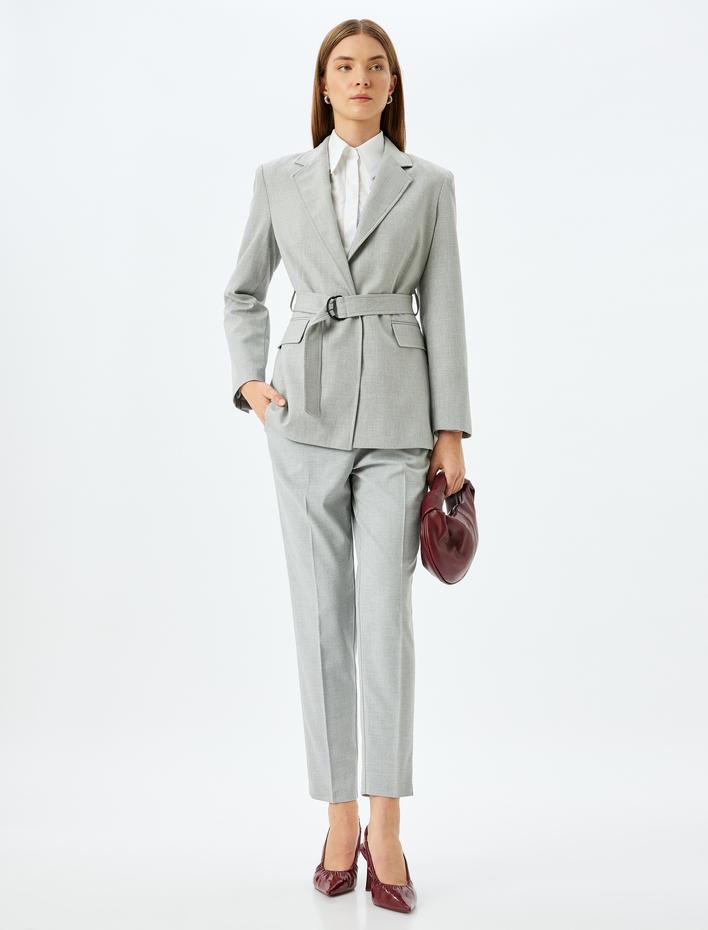  Bel Lastikli Bağlamalı Cepli Yüksek Bel Kumaş Pantolon