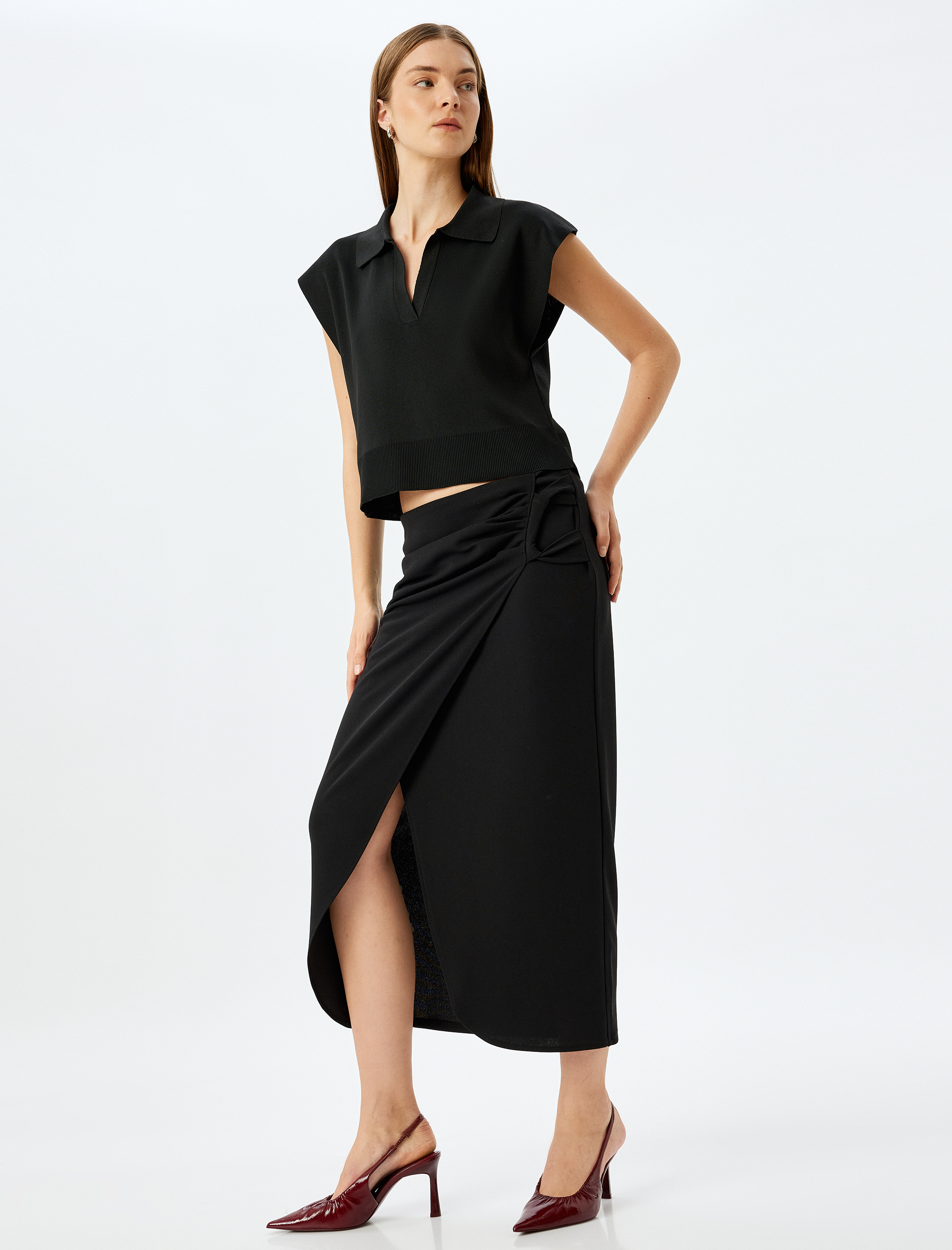 Koton Kadın Slim Fit Drapeli Midi Boy Asimetrik Kruvaze Etek -1