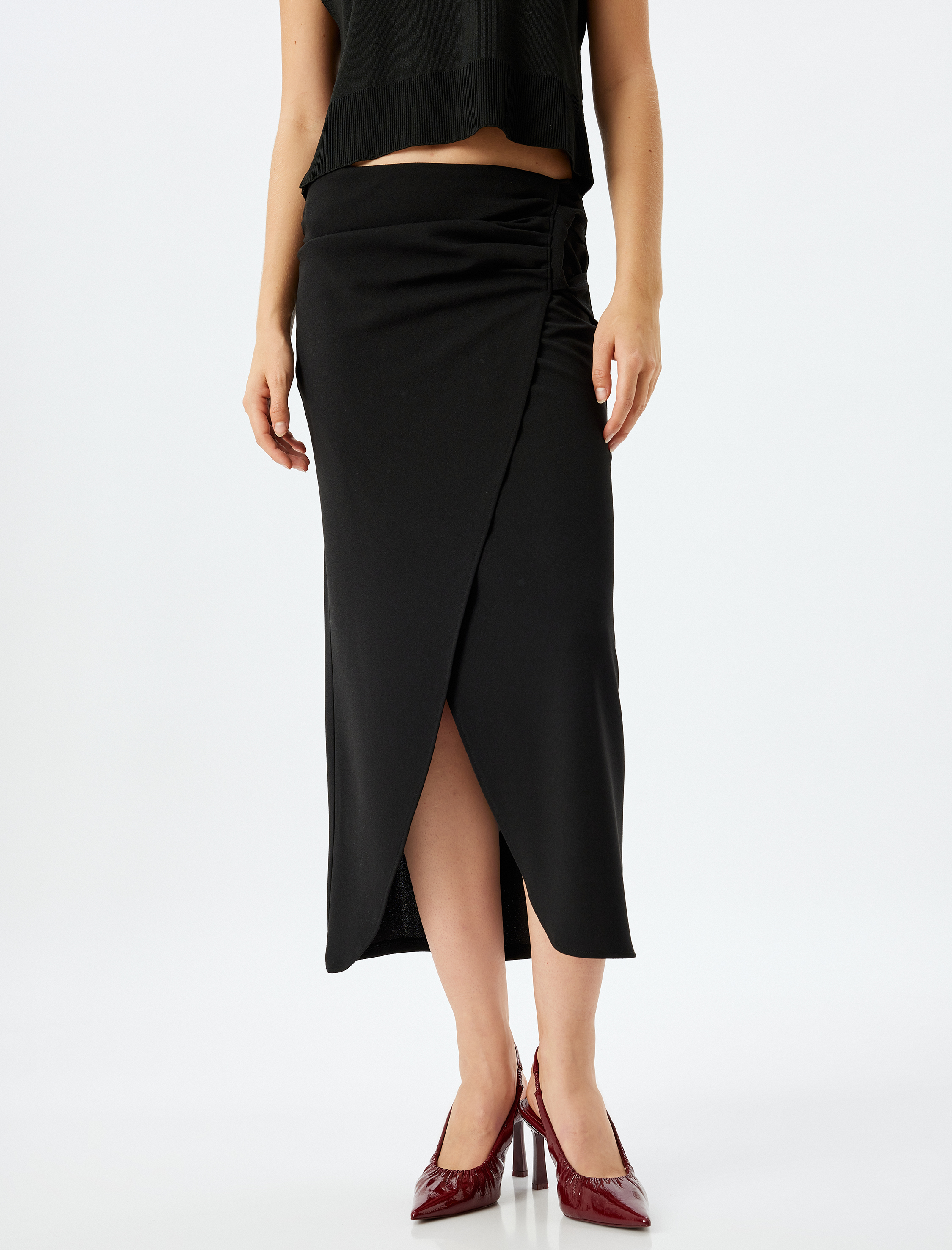   Slim Fit Drapeli Midi Boy Asimetrik Kruvaze Etek