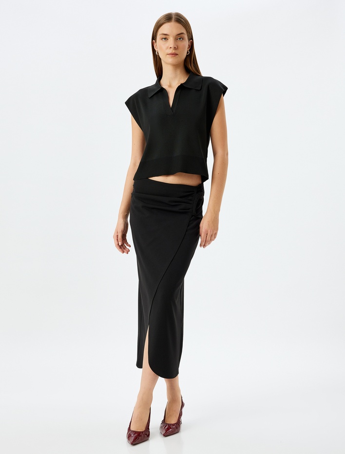  Slim Fit Drapeli Midi Boy Asimetrik Kruvaze Etek