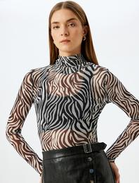 Slim Fit Uzun Kollu Dik Yaka Zebra Desenli Tül Transparan Tişört