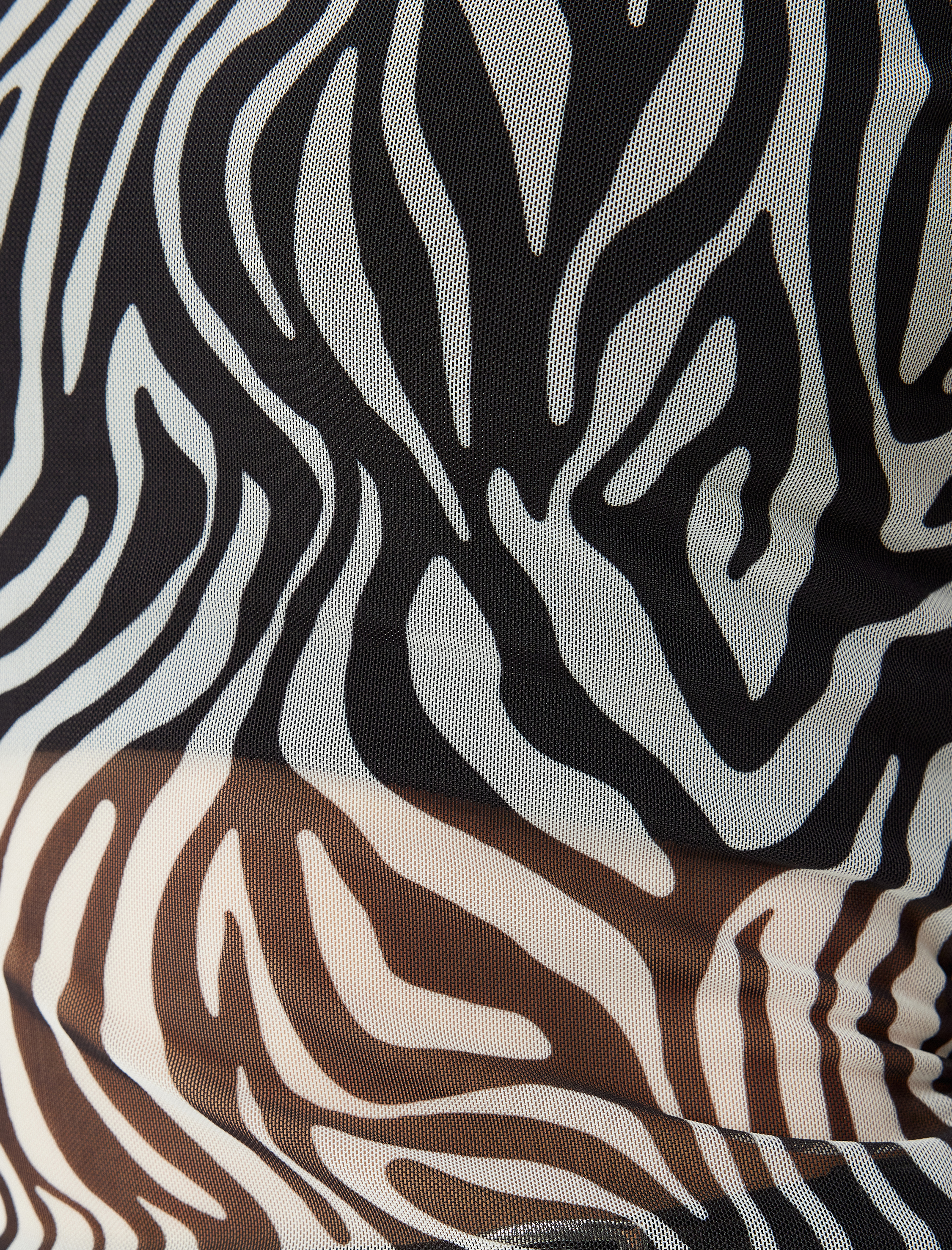   Slim Fit Uzun Kollu Dik Yaka Zebra Desenli Tül Transparan Tişört