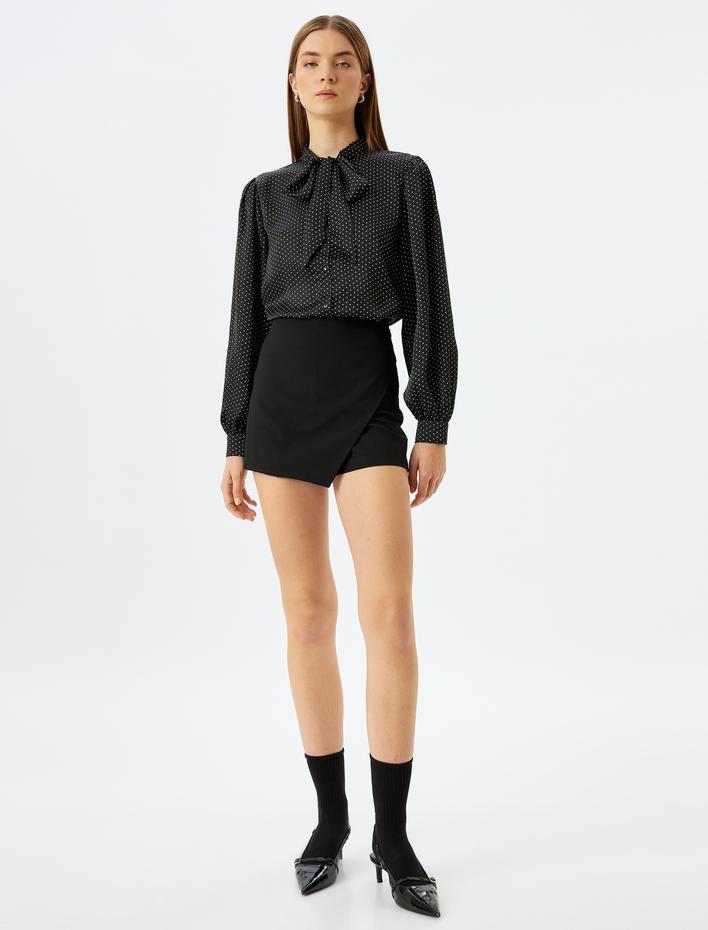  Puantiyeli Uzun Balon Kol Fular Yaka Saten Gömlek