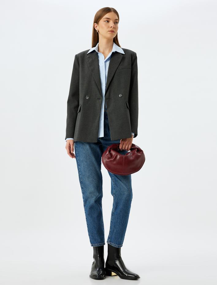  Normal Bel Cepli Düğmeli Pamuklu Mom Fit Kot Pantolon