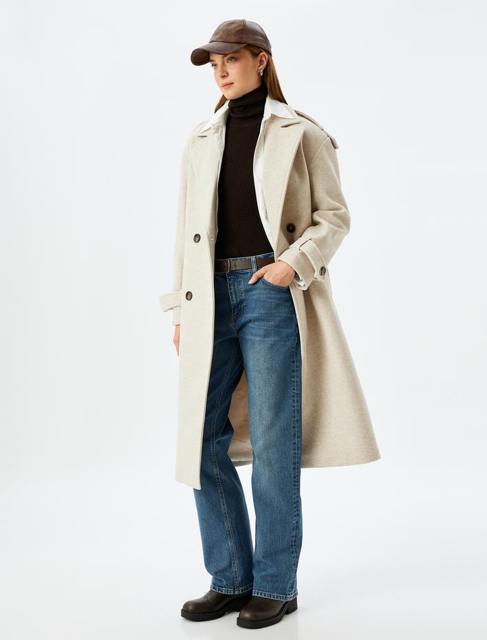  Apolet Detaylı Cepli Kemerli Kruvaze Ekstra Uzun Kaşe Kaban