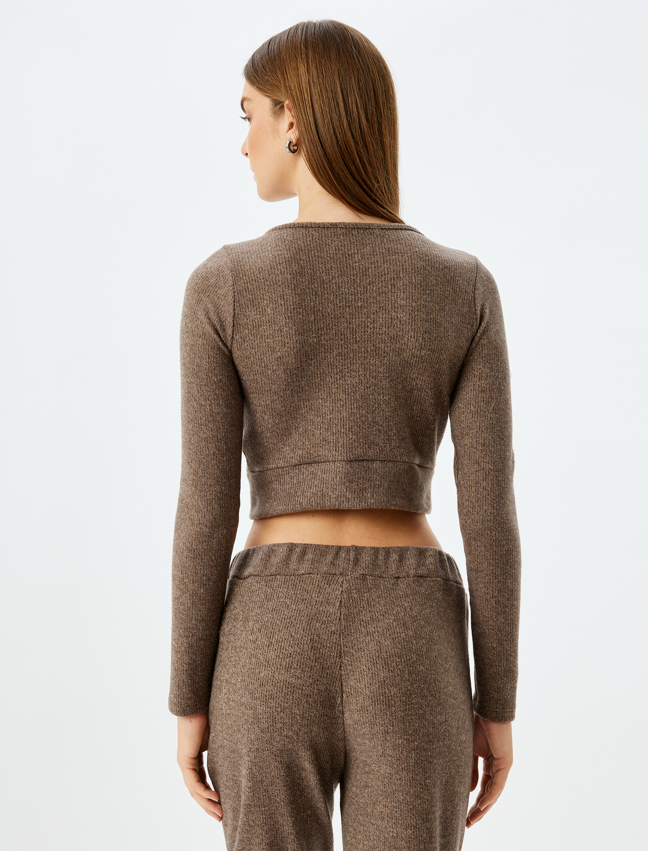   Uzun Kollu Düğmeli V Yaka  Crop Örme Pijama Üstü