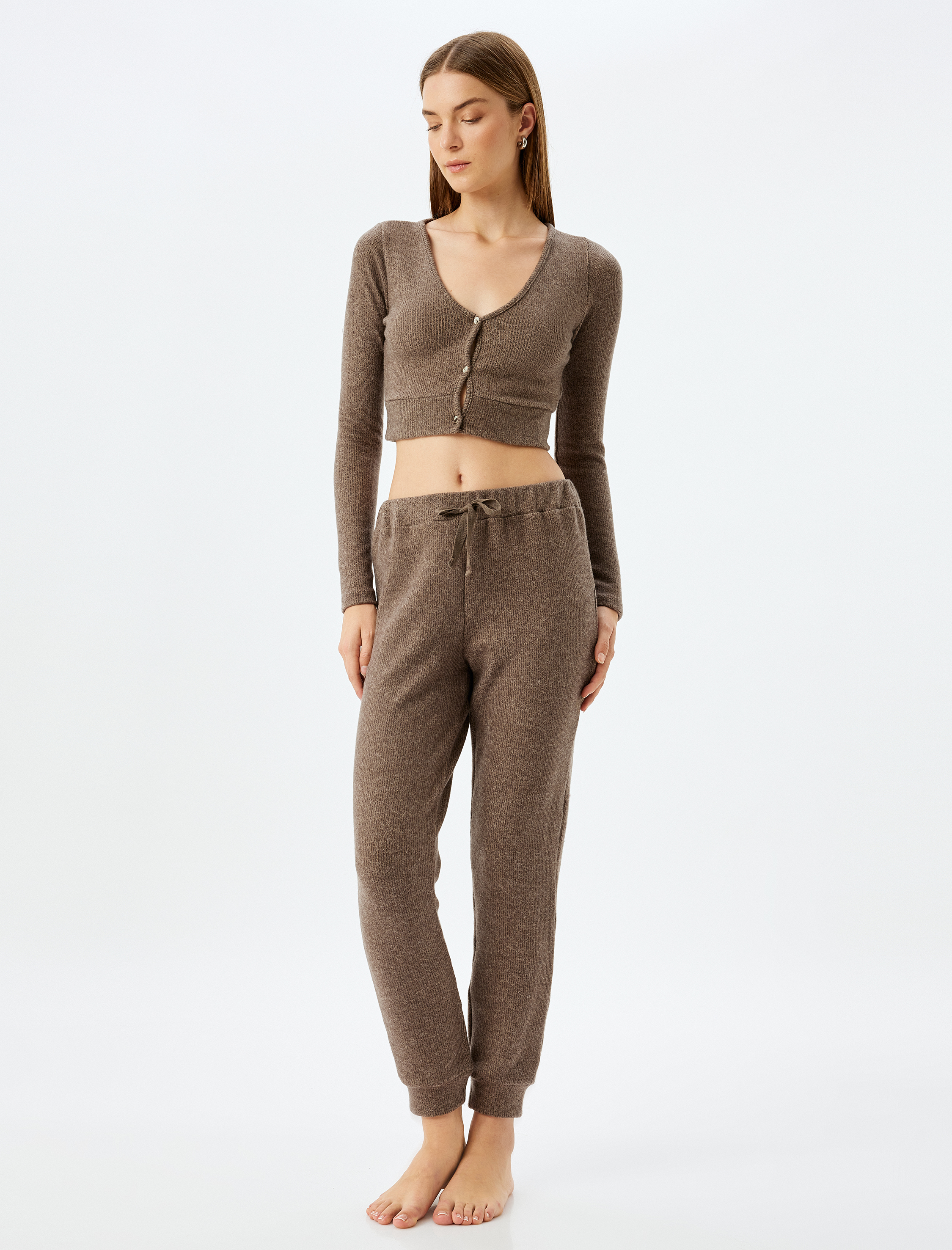   Uzun Kollu Düğmeli V Yaka  Crop Örme Pijama Üstü