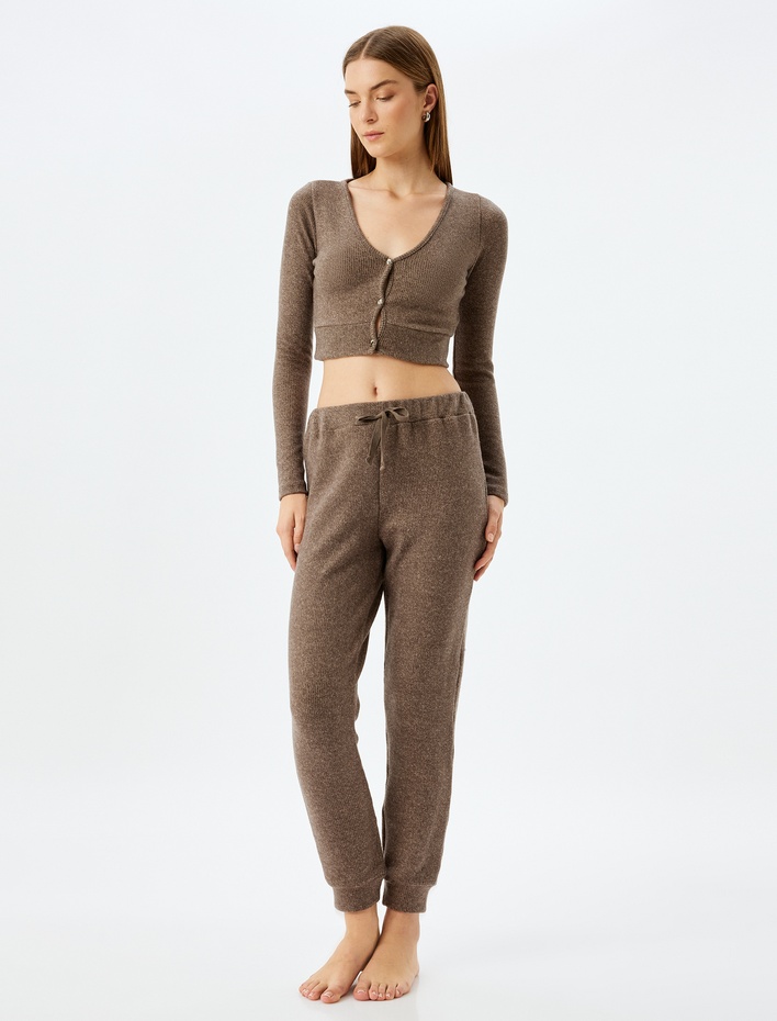  Uzun Kollu Düğmeli V Yaka  Crop Örme Pijama Üstü