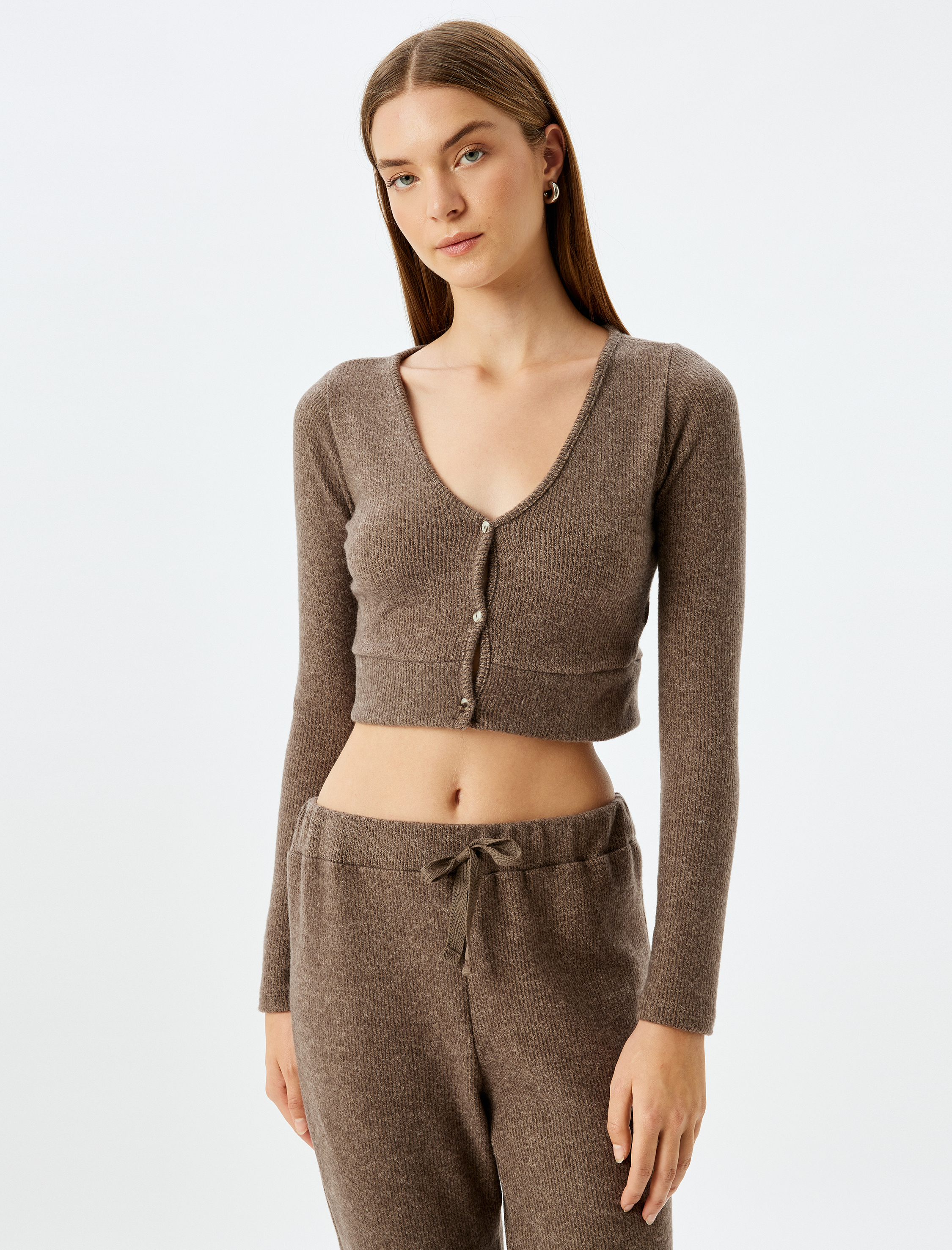   Uzun Kollu Düğmeli V Yaka  Crop Örme Pijama Üstü