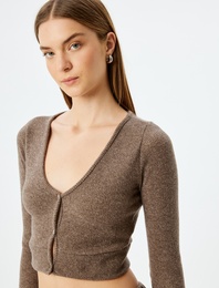 Uzun Kollu Düğmeli V Yaka  Crop Örme Pijama Üstü