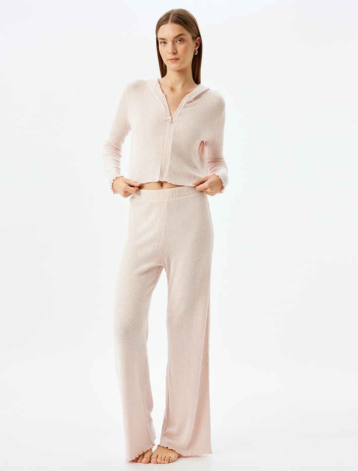  Yumuşak Dokulu Kapüşonlu Örme Crop Pijama Üstü